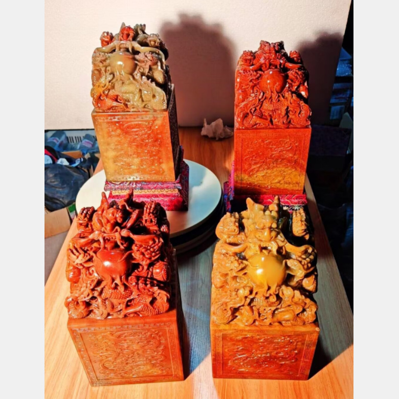 寿山红石九龙大印大玉玺4方15*15*28欣赏摆件印章礼品章送底座盒