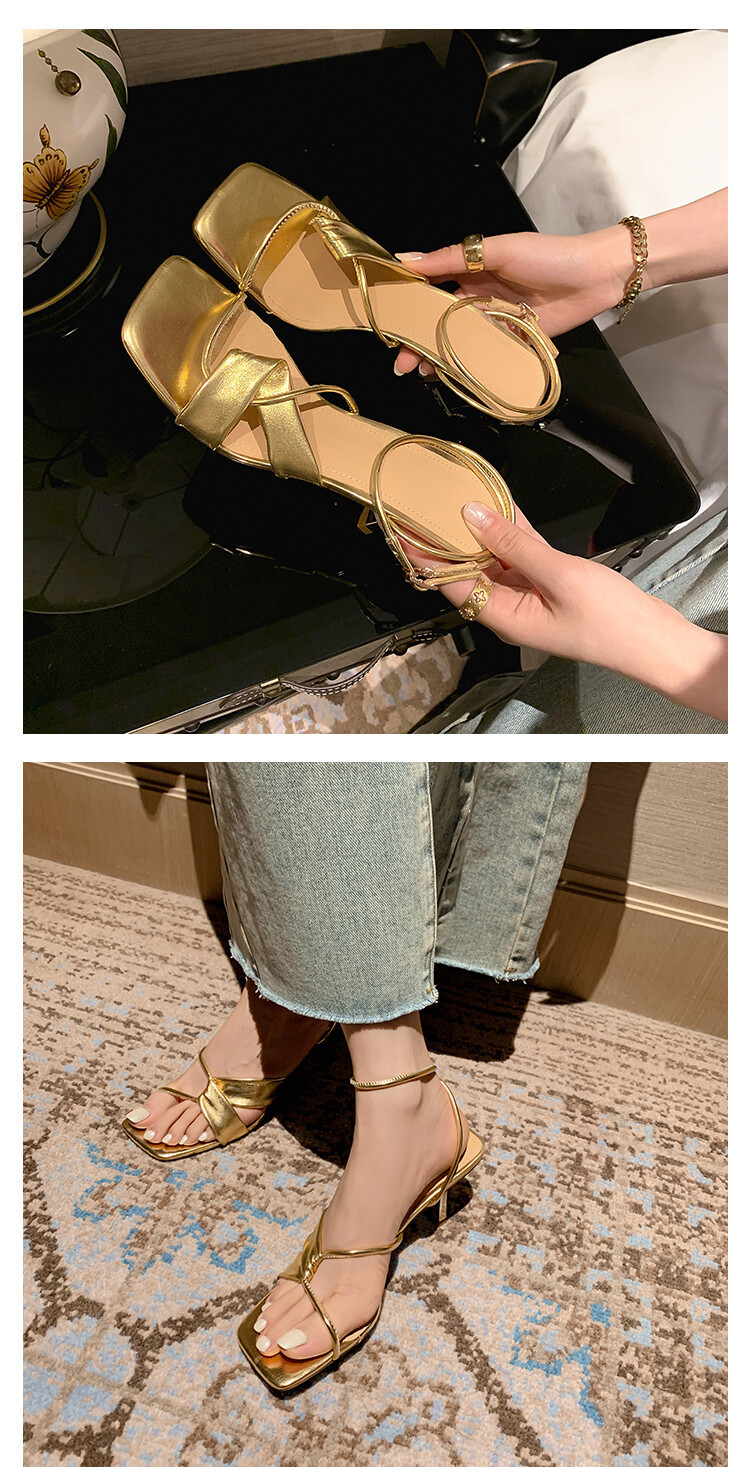 Sandal cao gót nữ hở mũi quai khóa cổ chân gót nhọn 9 cm — Màu vàng, Màu trắng be, Màu bạc chi tiết 18