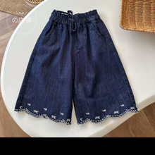 女童褲子夏季新款軟牛仔精品刺綉波浪型闊腿褲時尚洋氣中褲休閑褲
