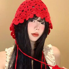 エスニックスタイル手織り中空タッセル帽子女性用ボヘミアンレッドかぎ針編みニット帽子プルオーバー包頭帽子