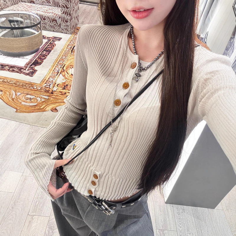现货~早秋2025新款别致土星刺绣不规则针织衫女秋季修身圆领上衣|undefined