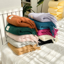 欧美风针织围巾冬季新款简约百搭纯色长流苏软糯厚款学生毛线围脖