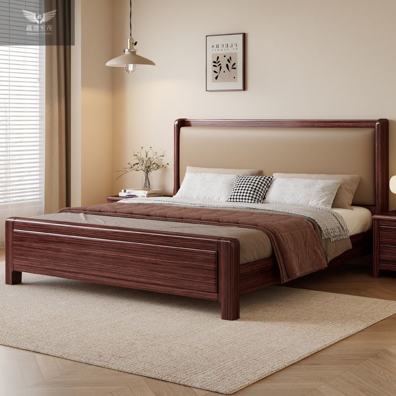 Nuevo estilo chino madera maciza dorada cama de nuez cama principal doble 1.8 × 2m 1.5m cama de matrimonio blanda moderna
