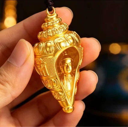 Wholesale New Chinese Style Golden Buddhist Cave Auspicious Conch Pendant Vintage Necklace for Couples, Versatile for Protection, Black Rope Necklace