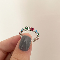 琺瑯滴釉彩色花朵開口戒指女小眾設計高級感S925銀食指戒簡約指環