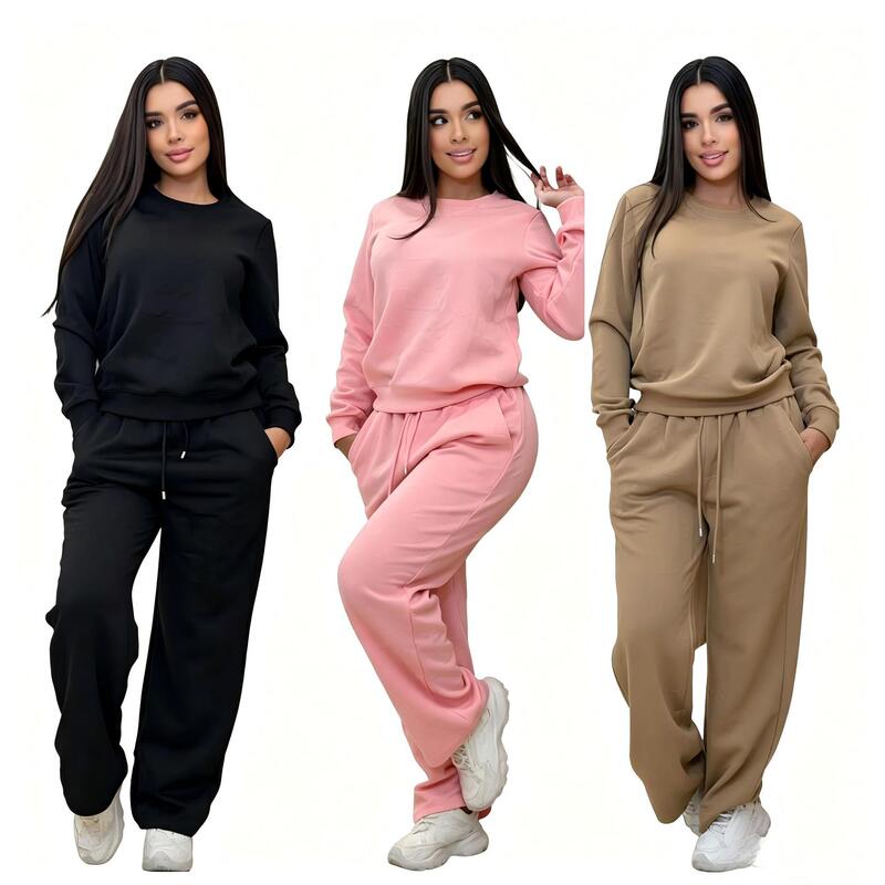 Spring and Autumn Casual Sports Set: Round Neck Loose-Fit Long-Sleeve Sweatshirt and Drawstring Wide-Leg Pants, Two-Piece Set J5369 Spring and Autumn Casual Sports Set: Round Neck Loose-Fit Long-Sleeve Sweatshirt and Drawstring Wide-Leg Pants, Two-Piece Set J5369