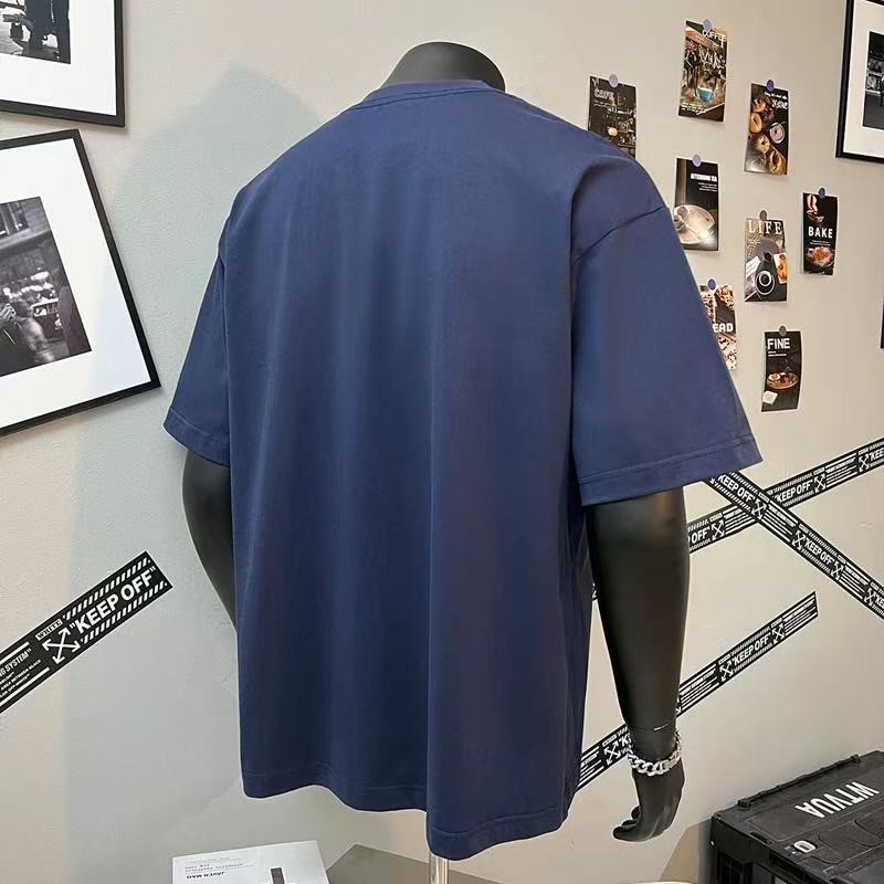 2025 pesado pequeño cuello europeo y americano hombro caído camiseta de manga corta hombre de color sólido casual pareja casual in-sleeve top