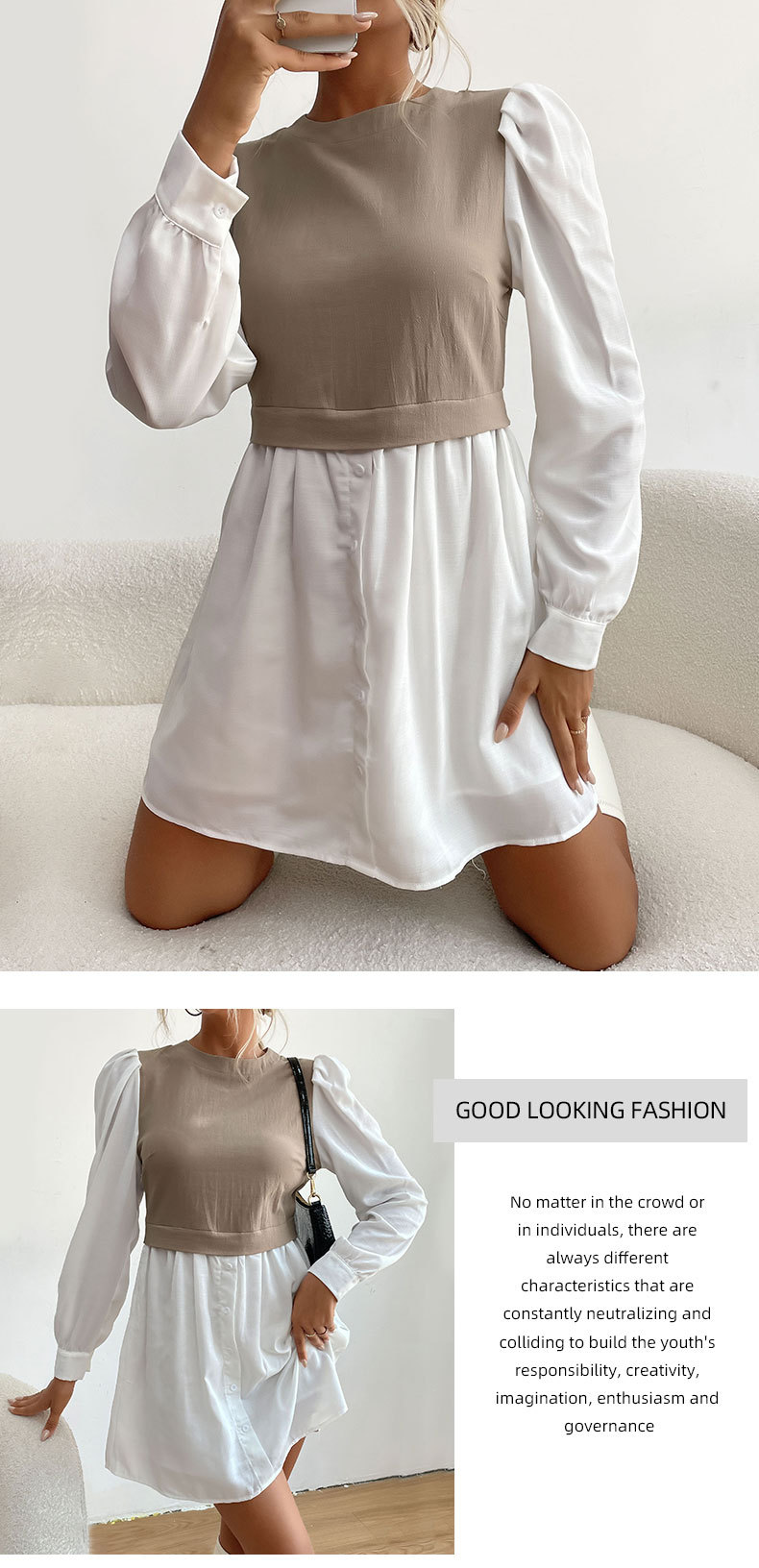 round neck contrast color stitching shirt dress nihaostyles wholesale clothing NSDMB88644