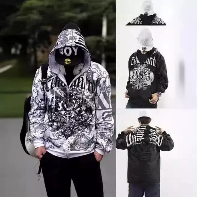 2024欧美时尚新款休闲连帽拉链卫衣外套3D数码印花字母男士服装