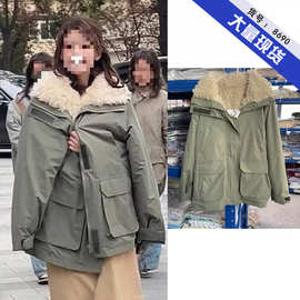 赵露思明星同款军绿色羊羔毛工装派克服女中长款加绒冲锋衣外套厚