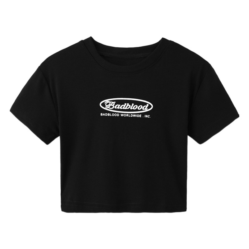 Camiseta corta impresa letra negra para mujer 2023 verano nuevo slim fit adelgazante versátil chica caliente manga corta top