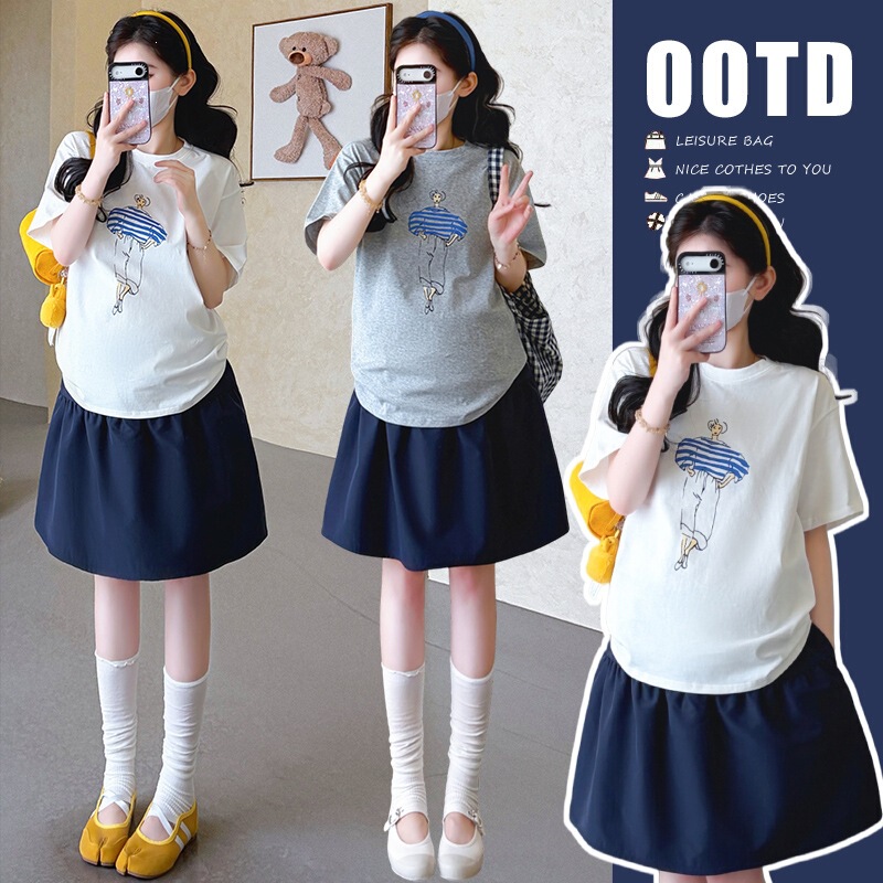 Maternity wear "Old Alley Reflection" Korean-style cartoon character short-sleeve T-shirt for women, summer loose-fitting round-neck white top