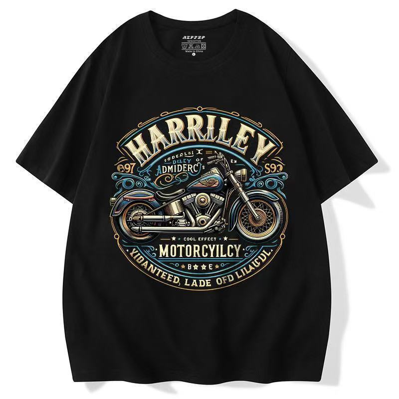 European and American Trendy Retro Street Fashion Brand Motorcycle Oversized Short-Sleeve Tough Guy Harley Cotton Printed T-Shirt