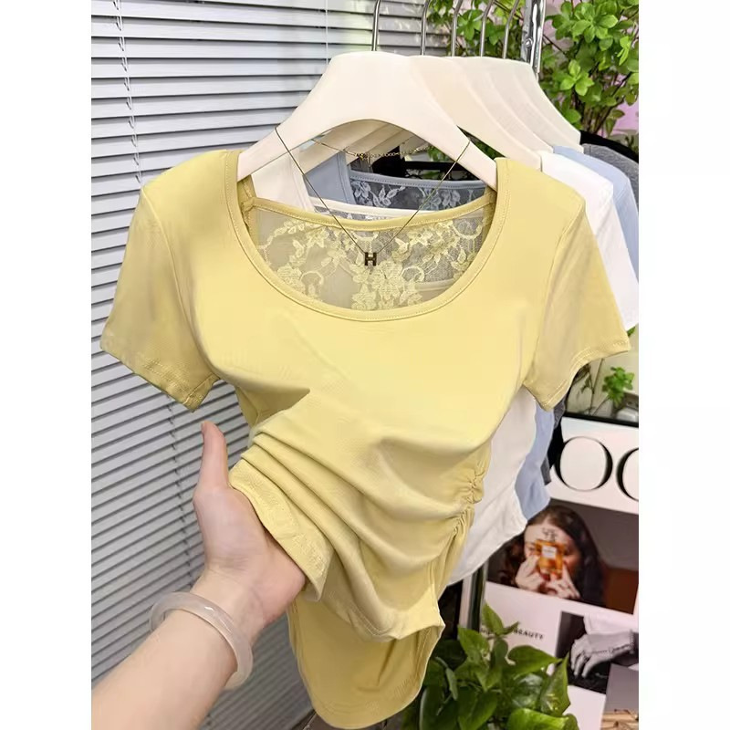 Short-Sleeved Top with Shoulder Pads for Women 2026 New Summer Style Age-Reducing Versatile High-End Slimming Look Inner Wear Lace U-Neck T-Shirt