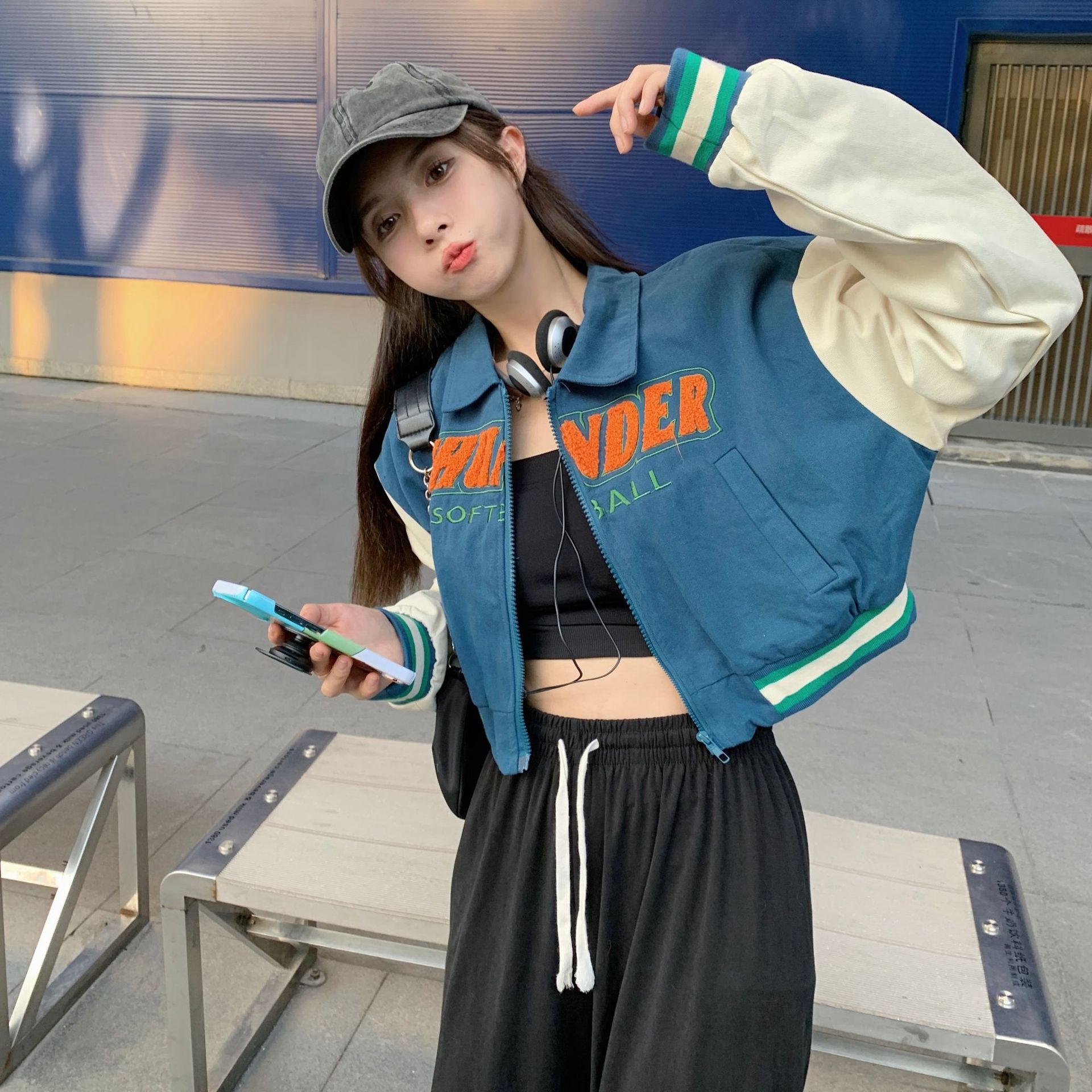 外贸虾皮美式复古辣妹短款vintage棒球服设计感小众夹克长袖外套