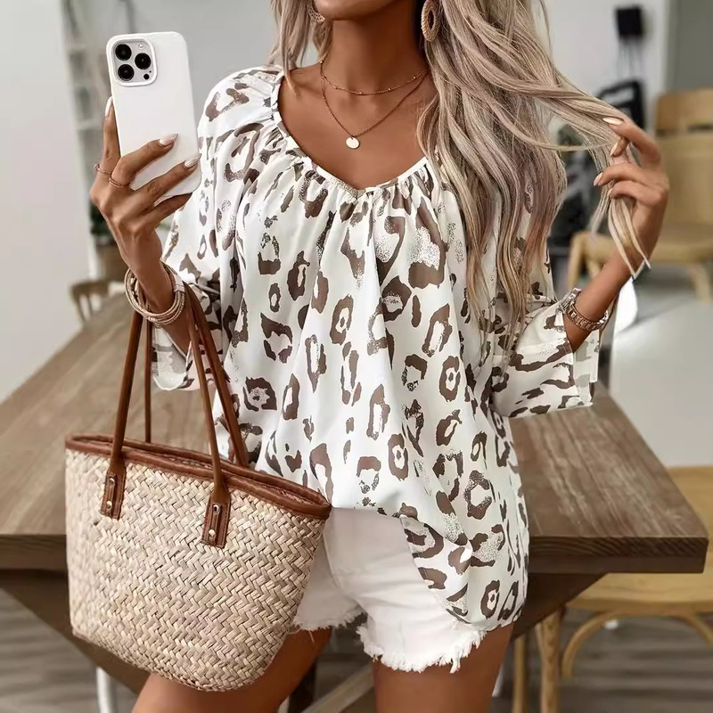 2024 European and American Cross-Border Spring and Summer Women's Clothing Elegant Commuter Tops Khaki Leopard Print Large V Neck Gathered Three-Quarter Sleeve Shirt