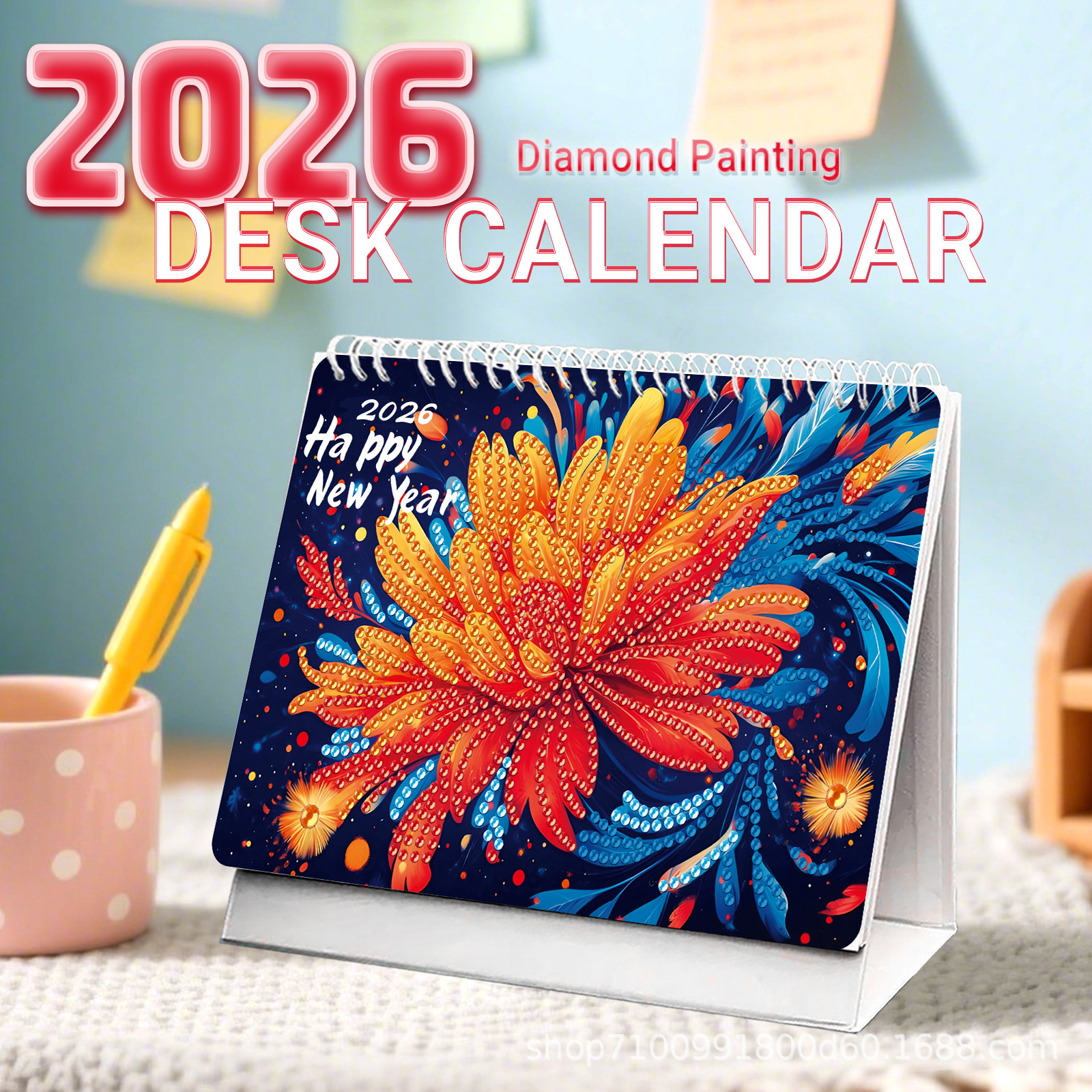 Transfronterizo para 2026 caligrafía y pintura de diamantes alrededor de pegatinas de diamantes hechas a mano 12 páginas calendario de escritorio de fábrica directa spot