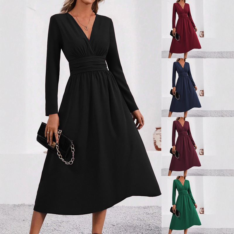 Ladies Autumn and Winter Solid Color Overlapping V Neck Long Sleeve Waist Pleated Long Elegant Dress, New Women's Long Dress Ladies Autumn and Winter Solid Color Overlapping V Neck Long Sleeve Waist Pleated Long Elegant Dress, New Women's Long Dress