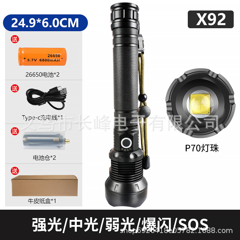 Linterna de luz fuerte transfronteriza P90, linterna recargable con zoom telescópico de aleación de aluminio, iluminación de largo alcance al aire libre, luz de pesca nocturna