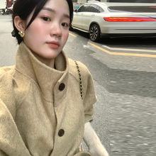 2025秋冬中长款双面绒毛呢外套女百搭炸街立领小个子短款呢子大衣