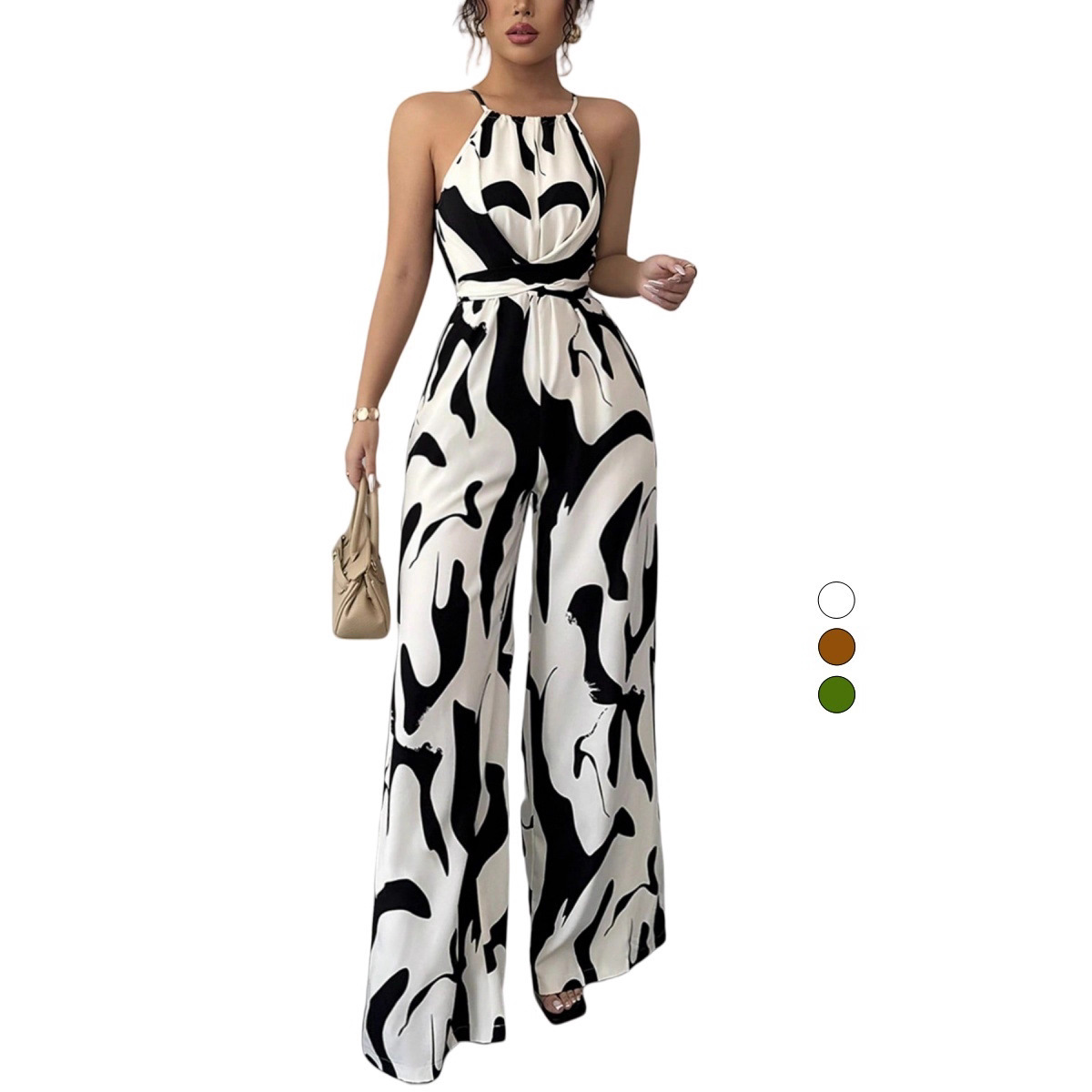 New Summer Cross-Border Women's Clothing Retro Versatile Lace-Up Waist Slimming Printed Halterneck Jumpsuit for Women Summer High-End