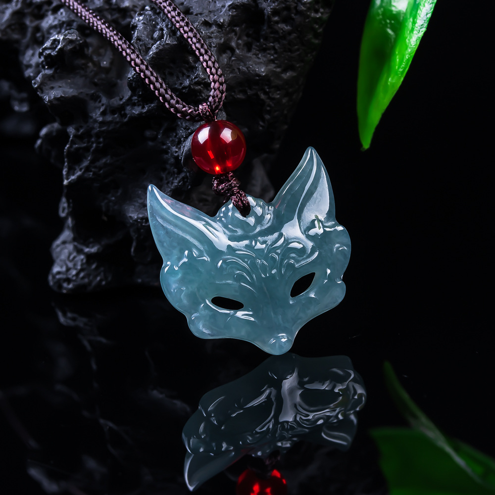 Natural Grade A jadeite old material, icy blue water jade fox nine-tailed fox pendant, exquisite jade jewelry wholesale.