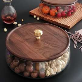 立端 黑胡桃木质茶盘盖玻璃密封坚果干果盒家用客厅糖果水果盘