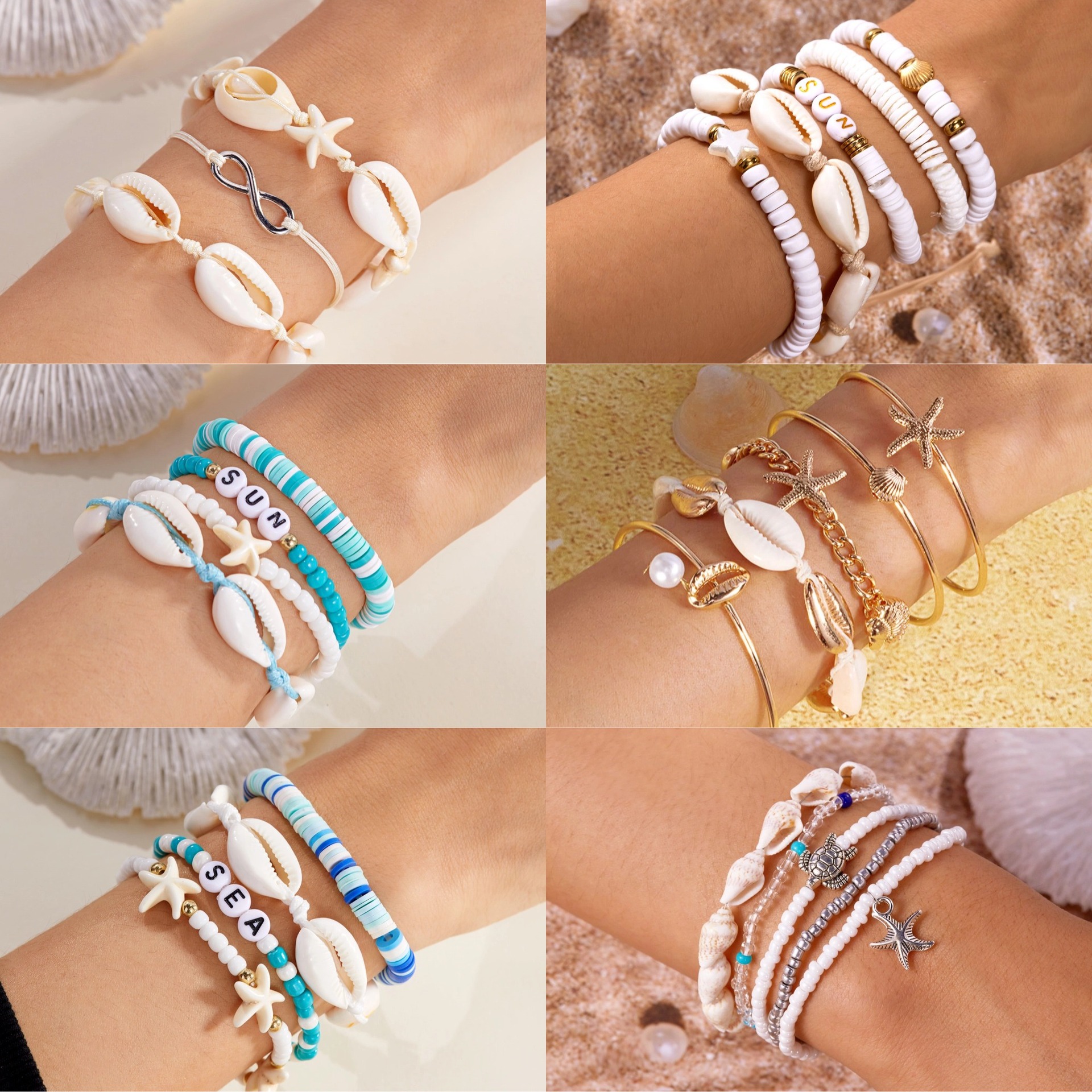 European and American Bohemian Style Shell Combination Bracelet All-match Summer Starfish Shell Soft Ceramic Rice Beads Bracelet suit Women