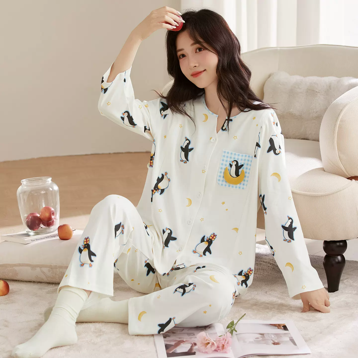 180克&220克纯棉月子服四季款孕妇睡衣产妇待产服拉链哺乳口套装