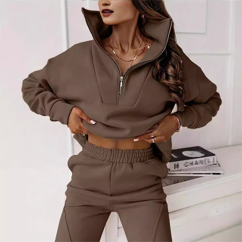 Dameskleding Mode Effen Kleur Forens Casual Staande Kraag Trui Broek Set Tweedelige Set_voghion.com