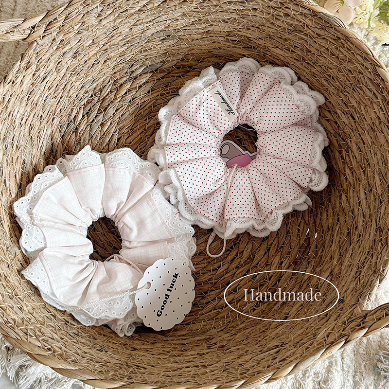 Korean-Style Handmade Pink Polka Dot Pure Cotton Lace Scrunchie Sweet Girl Niche New Hair Tie Hair Accessory Korean-Style Handmade Pink Polka Dot Pure Cotton Lace Scrunchie Sweet Girl Niche New Hair Tie Hair Accessory