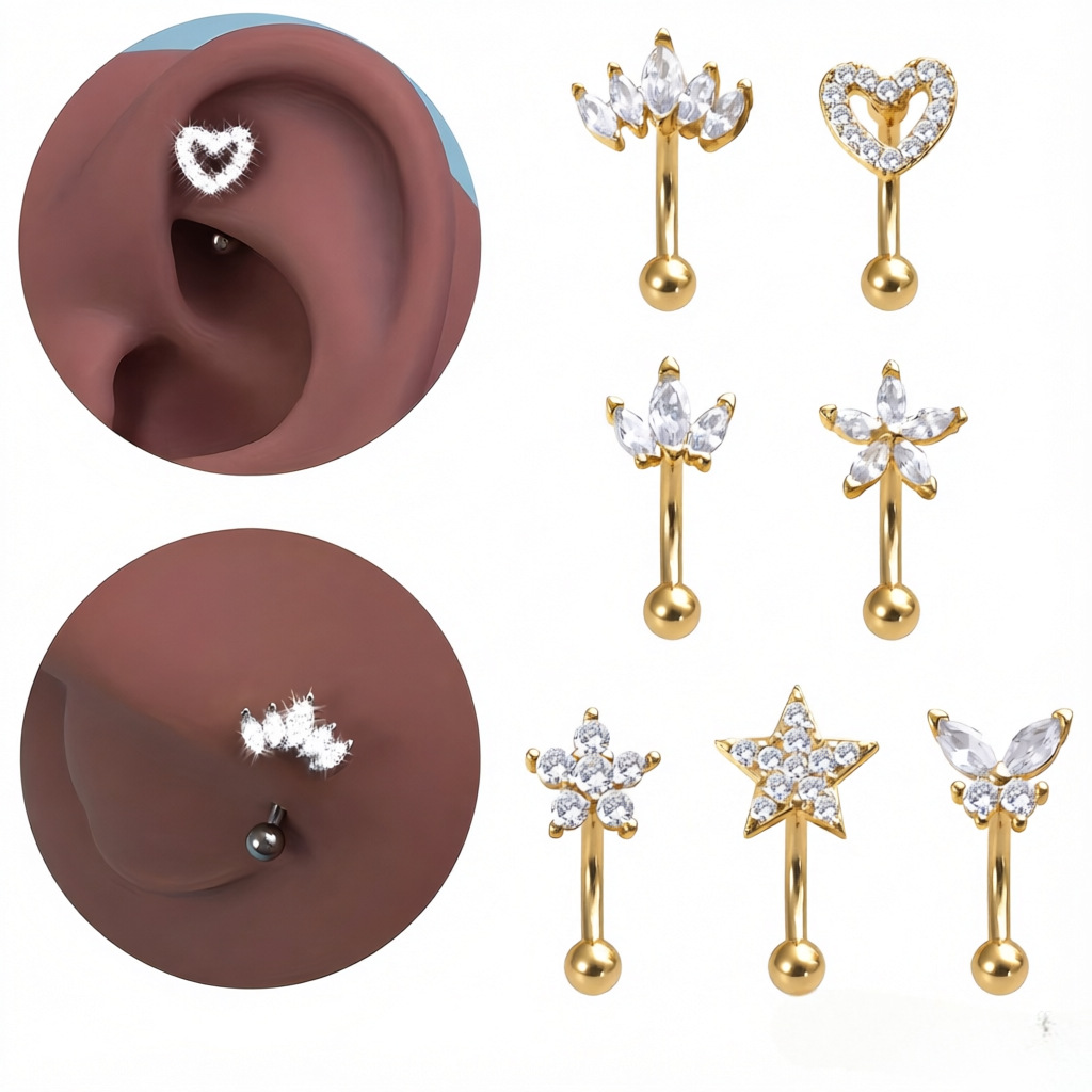 European and American style diamond-studded curved bar piercing earrings, crown, butterfly, pentagram, various styles of eyebrow studs and earrings, in stock for wholesale