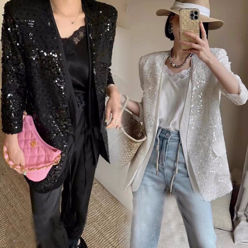European-Style Elegant Sequined Blazer for Women, New Spring/Autumn 2026 Collection, Shiny Top with Structured Shoulders European-Style Elegant Sequined Blazer for Women, New Spring/Autumn 2026 Collection, Shiny Top with Structured Shoulders
