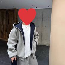 跨境潮牌春秋季重磅外套卫衣双拉链短款vibe高街连帽开衫男卫衣浅