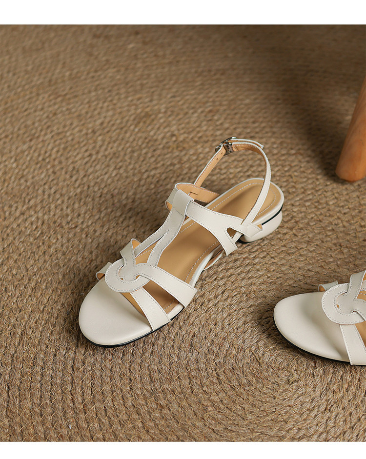 Sandal La Mã quai ngang kiểu dệt mùa hè, mũi tròn, gót dày — màu hồng, Màu trắng nhạt chi tiết 15