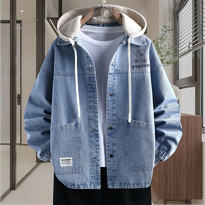 Teenagers Washed Denim Jacket Men's Spring and Autum Junior High School Students Trendyy Hooded Loose Casual Jacket