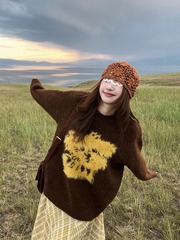 美式复古软糯毛绒绒针织套头毛衣女早秋季宽松慵懒松驰感长袖上衣