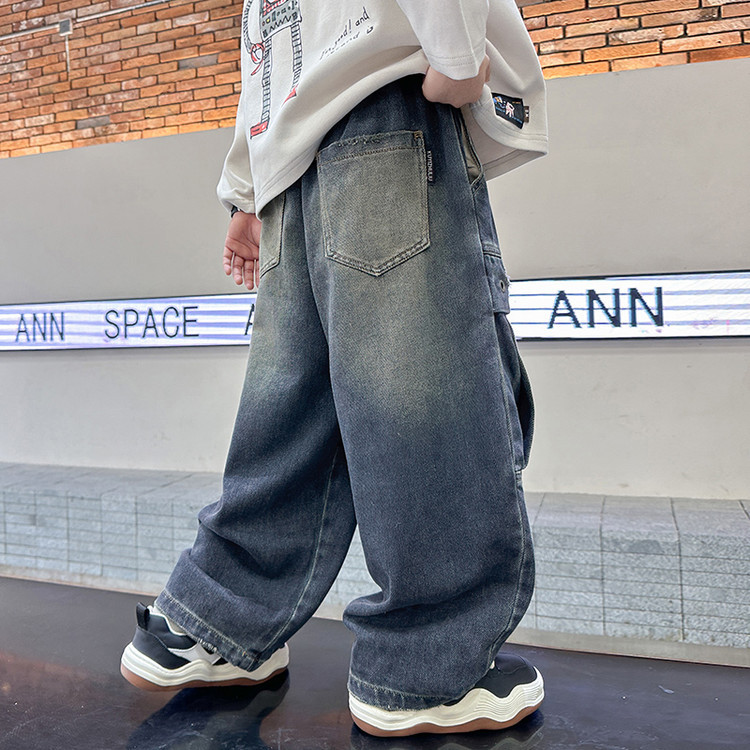 Jeans a gamba larga effetto used per bambine - Vita elasticizzata, comodo misto cotone, stile streetwear alla moda (120 cm-170 cm)_voghion.com