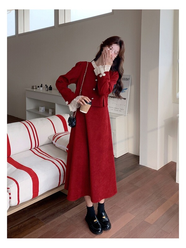 Red Dress for Women 2025 New Early Autumn Fake Two-Piece Lace Splicing Long Skirt Petite Engagement Long-Sleeved Skirt
