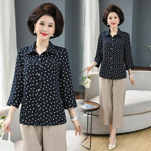2026 middle-aged and elderly cotton silk shirt, women's long-sleeved, mom's artificial cotton shirt, plus size spring and summer loose top
