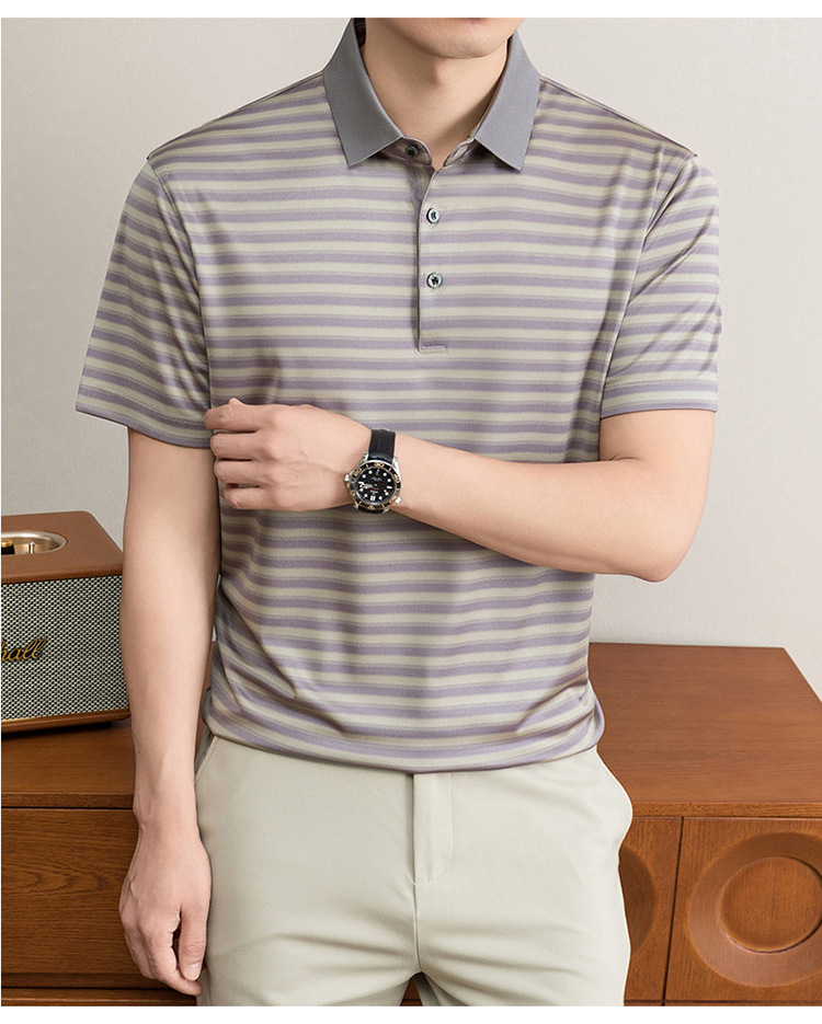 Áo polo nam tay ngắn cổ bẻ sọc kẻ chất liệu tơ tằm mulberry mềm mịn — Vàng tím 8878 chi tiết 14