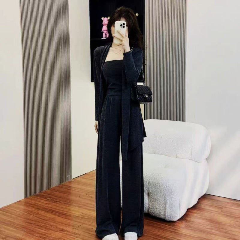 一整套早秋穿搭女装减龄开衫抹胸阔腿裤三件套慵懒风运动休闲套装|undefined