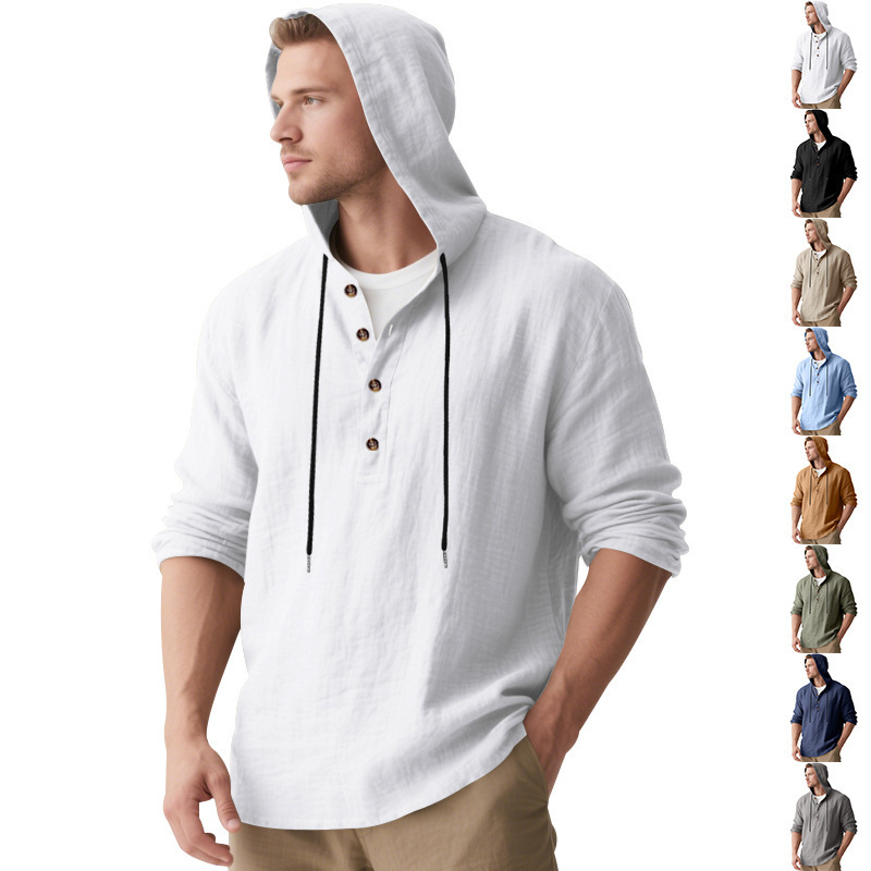 Cross-Border European and American New Style Spring and Autumn Men's Long-Sleeved Linen Shirt Hooded Casual Loose T-Shirt Sweatshirt for Men Cross-Border European and American New Style Spring and Autumn Men's Long-Sleeved Linen Shirt Hooded Casual Loose T-Shirt Sweatshirt for Men