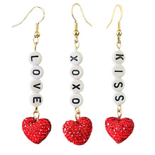 亚马逊货源情人节闪钻水晶红色爱心节日文字耳坠XOXO字母氛围耳环