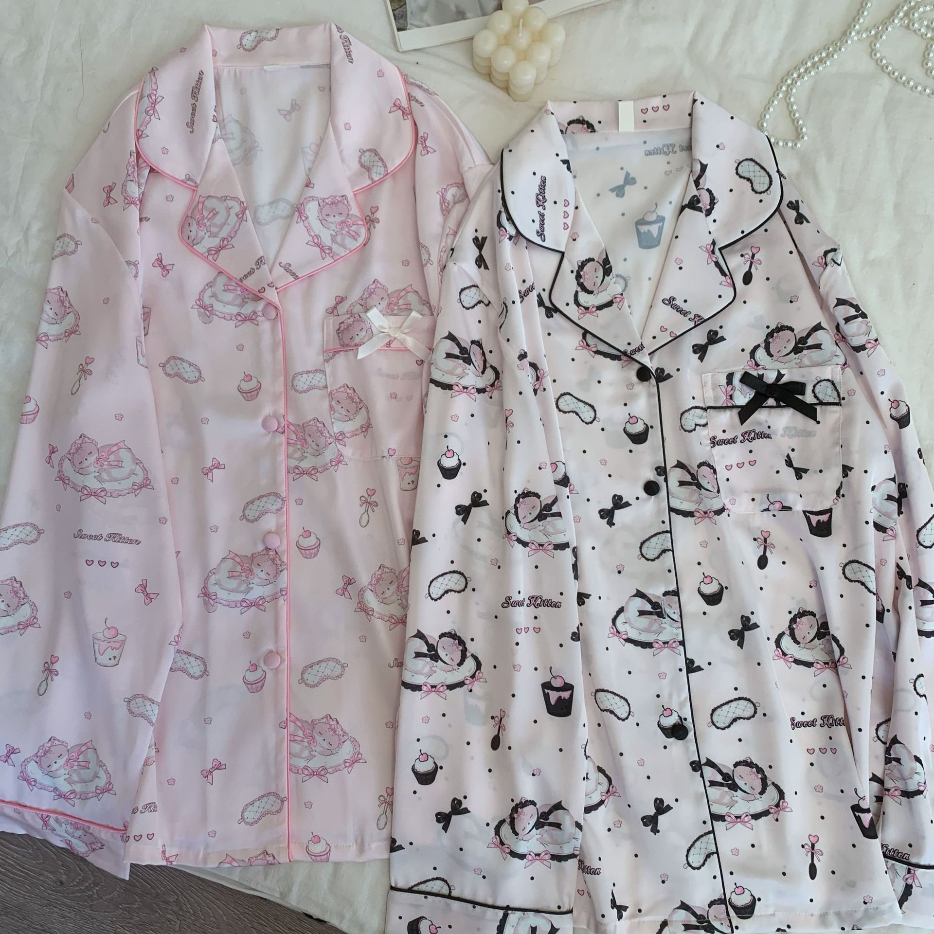 【晚安眠眠猫】秋冬新款冰雪丝睡衣女卡通小猫印花长袖长裤家居服