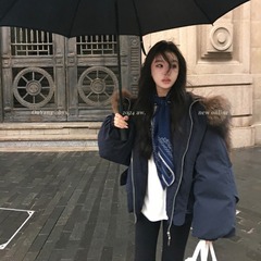 牛角扣大毛领连帽棉服外套女冬季韩系小个子加厚工装派克服