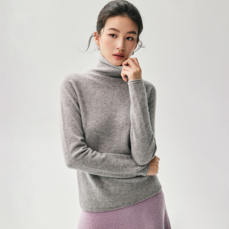 Cashmere Sweater for Women with Rolled Edges and Stacked Collar, Loose High-Neck Warm Inner Knit Base Sweater for Women