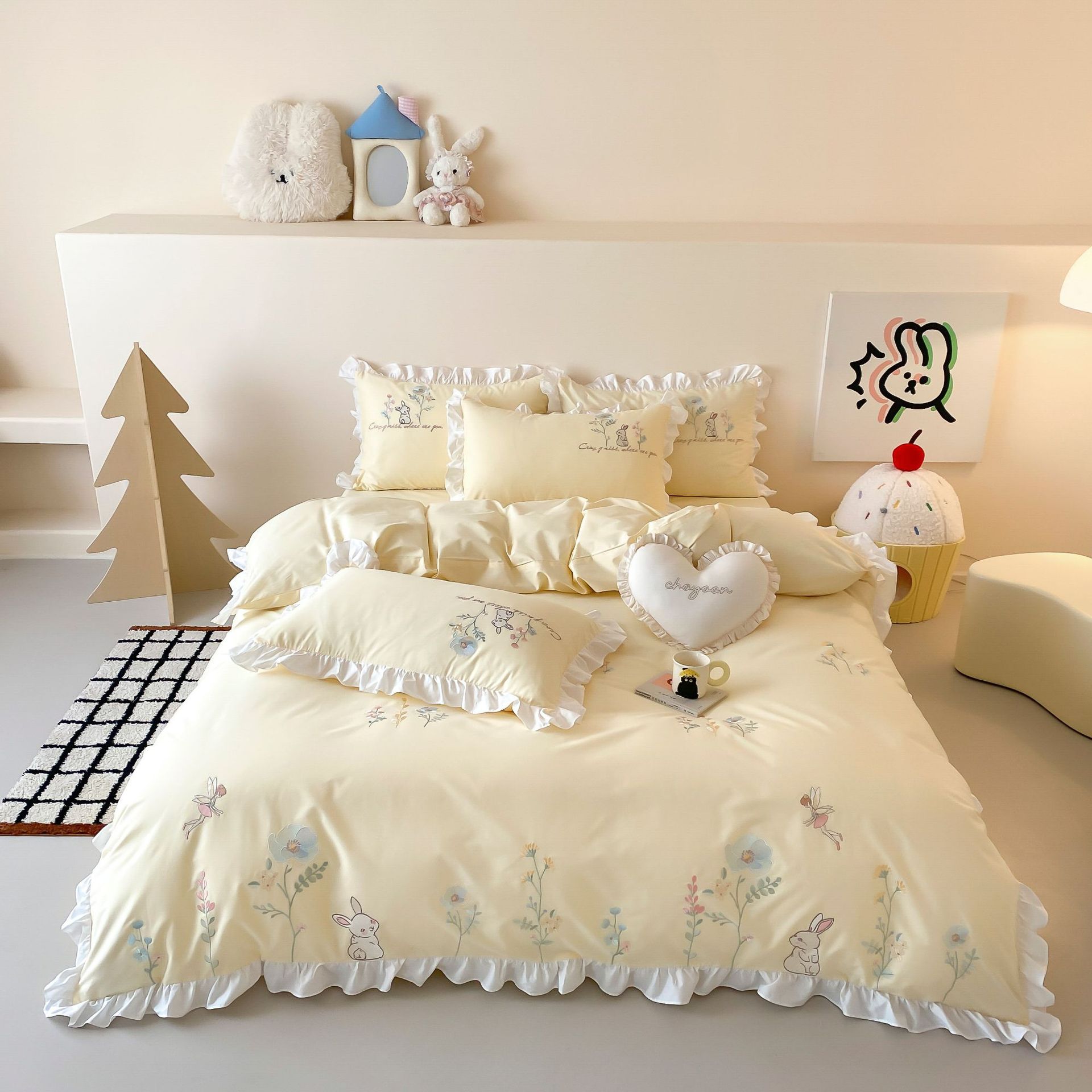 Girl's Style Moe Little Rabbit Embroidery Cotton Bedding Bedding 2025 New Spring and Summer Long-staple Cotton Cotton Four-piece Home Textile