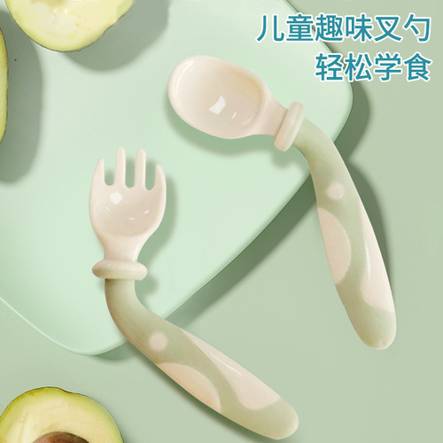 New children's twisting fork and spoon set, portable baby food tableware, learning eating spoon, bendable spoon