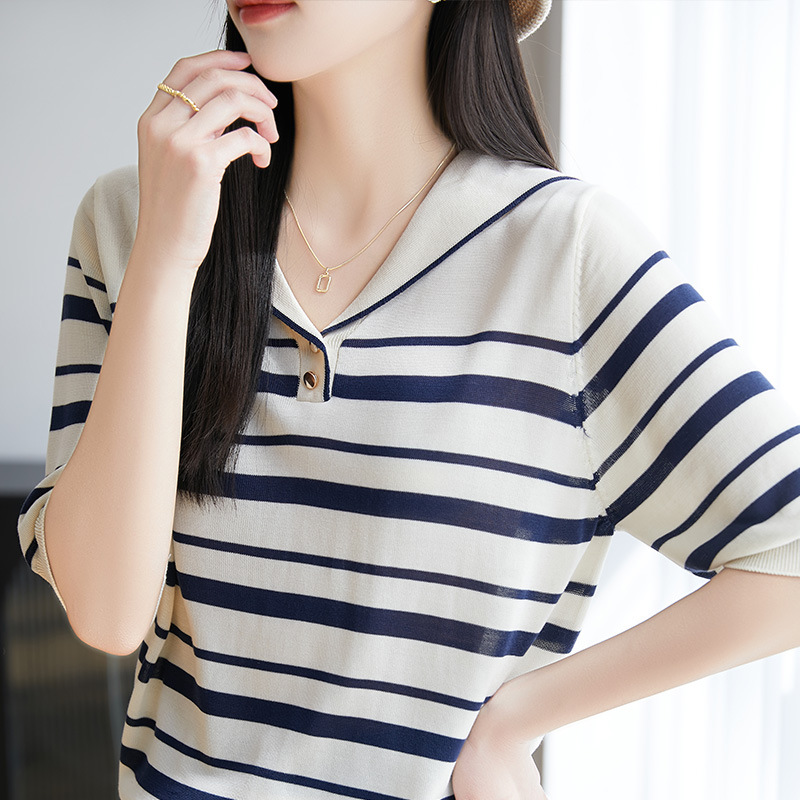 네이비 칼라 라펠 스트라이프 여성용 연령 감소 스웨터 아이스 실크 스위트 탑 슬림핏 다용도 5부소매 바텀 셔츠